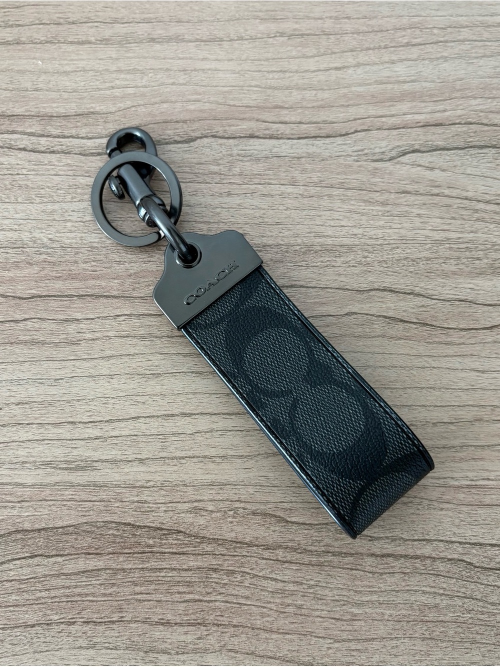 Coach Black Signature Leather Logo Strap Keyring